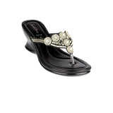 Womens Black Diamante Toe Post Wedge Sandal - Watney Shoes 