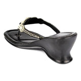 Womens Black Diamante Toe Post Wedge Sandal - Watney Shoes 