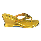 Womens Gold Diamante Toe Post Wedge Sandal - Watney Shoes 
