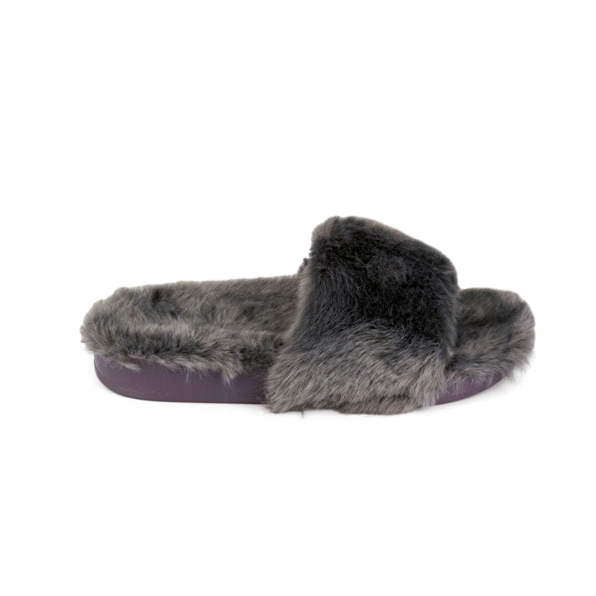 Womens Grey Faux Fur Slipper - Watney Shoes 