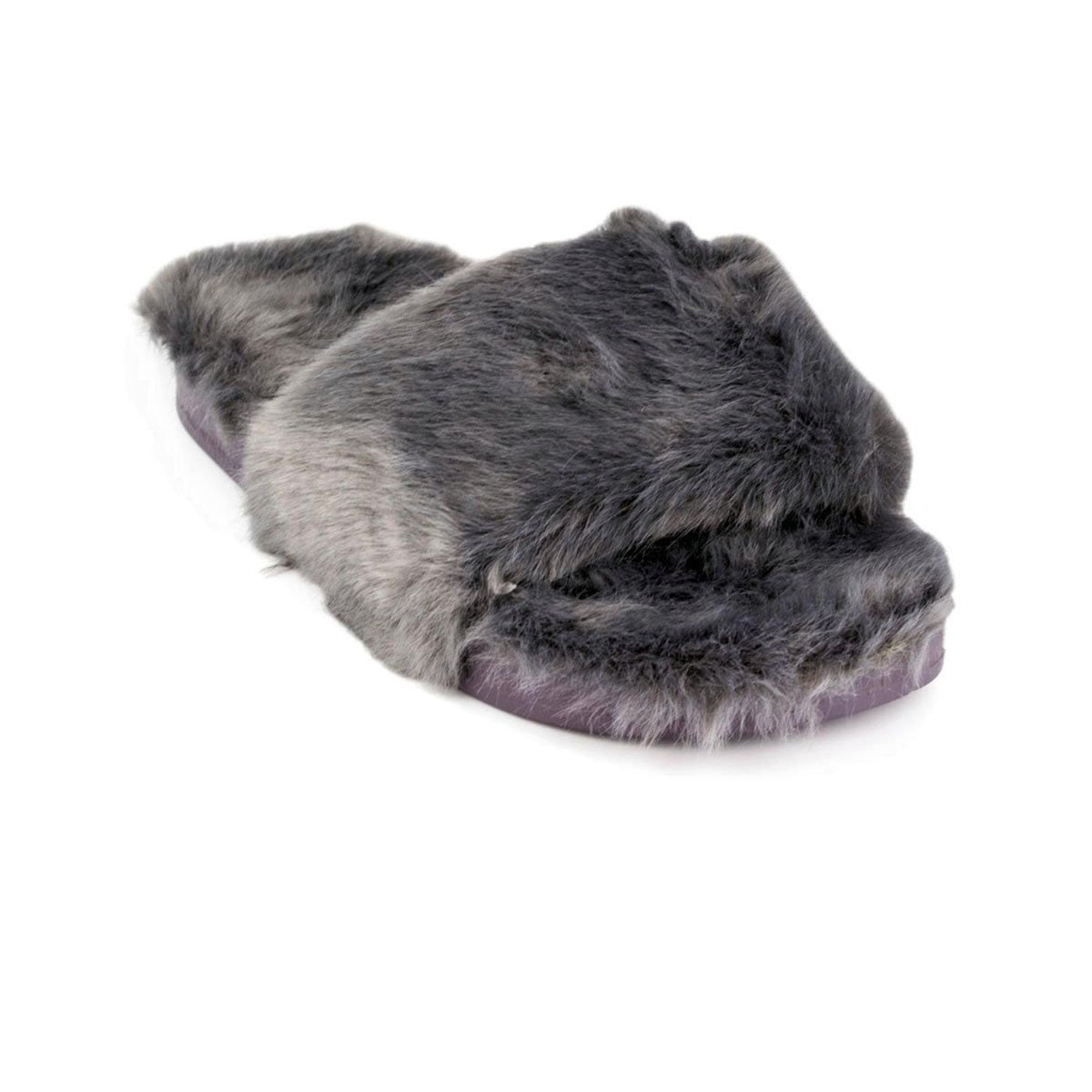 Womens Grey Faux Fur Slipper - Watney Shoes 