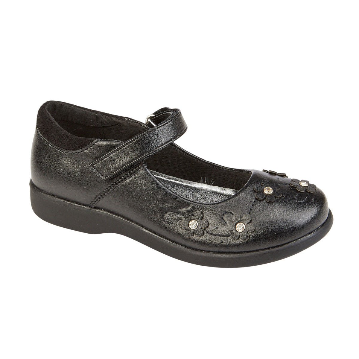 Girls Black Flower School Shoe